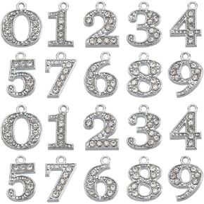 SUNNYCLUE 1 Box 40Pcs Rhinestone Number Charms Silver Numbers Charm Bulk Alloy Rhinestone Figure 0~9 Lucky Sports Numeral Charms for Jewelry Making Charms Necklace Bracelet Earrings Athletes Crafts