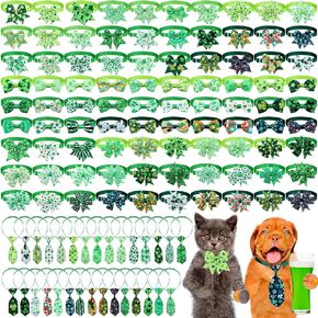 120 Pcs St. Patrick's Day Dog Bow Tie Collar Set Includes 60 Green Irish Bow Ties for Dogs Dog Grooming Bowtie 30 Dog Neckties 30 Large Bow Tie Collar Pet Holiday Accessories for Dog Cat (Shamrock)