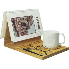 Bamboo Wooden Book Stand for Page Rest ، حامل كتب مثلث قابلة للطي ، Book Nook Reading Valet مع فنجان ، نظارات ، قلم/قرص/حامل Kindle- هدية مثالية لمحبي الكتب