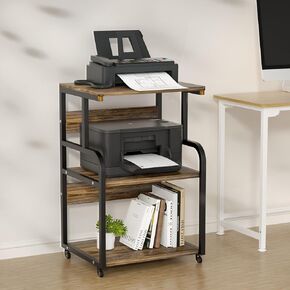 Large Printer Stand with 3-Tier Wood Storage Shelves -Multi-Purpose Desk Organizer- for Printer Scanner Fax Home Office Use with Wheels (Black)