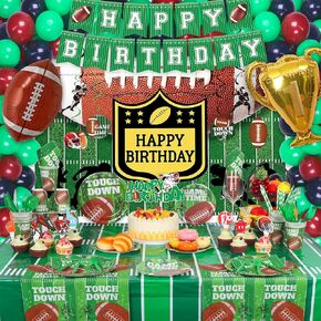 Football Birthday Party Decorations with Football Theme 10 Guests Includes Plates, Napkins, Cups, Banner, Backdrop, Balloons, Cake Toppers, Tablecloth, Hanging Swirls for Birthday Party (216 Pcs)