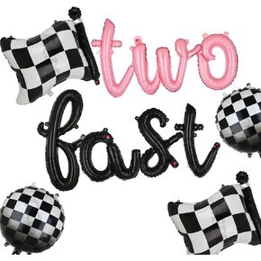 Two Fast 2nd Racing Vintage Retro Car Theme Birthday Party Letter Banner Balloon 40 Inch Racetrack Number Balloons 2 Black Race Car Party Decor Set