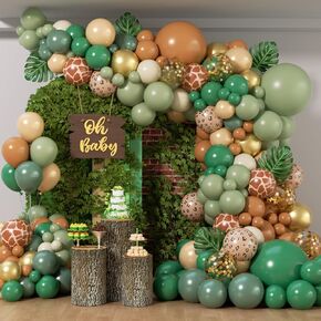 138pcs Safari Balloon Garland Arch Kit with Dark Green Sage Green Brown Sand White Nude Gold Balloons Leaves for Jungle Safari Birthday Baby Shower Decorations