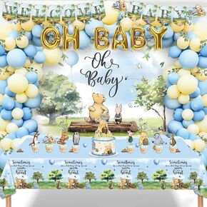 131 PCS Classic Winnie Baby Shower Decorations Oh Baby Balloons ، Winnie Balloon Arch Kit ، كلاسيكي The Pooh Backdrop Cake Topper ، Winnie Baby Tableth Decorations for Boy Baby Shower