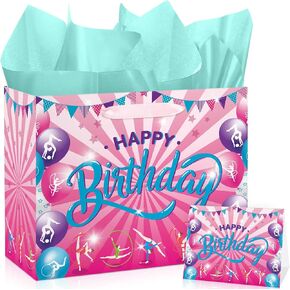Gymnastics Birthday Gift Bag for Girl Gymnastics Birthday Gift Wrapping Paper Bag with Tissue Paper Greeting Card Hot Pink Gymnastics Birthday Goodie Bag for Christmas Gymnastics Birthday Party Favor