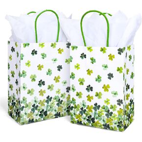 FYSUIMU 12Pcs St. Patrick's Day Paper Gift Bags with Handles 20 Sheets Tissue Paper Green Shamrock Clover Goodie Treat Bags for Irish Holiday Party Supplies
