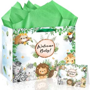 Baby Jungle Animals Gift Bag Green Welcome Baby Gift Bag Safari Baby Shower Wild Animal Paper Bags Newborn Birthday Wrapping Bag with Tissue Paper and Greeting Card for New Parents Gender Reveal Party