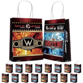 HAPPARTY 16 PCS Wrestling Party Gift Bag with Handle, Boxing Theme Goodie Treat Candy Bags for Baby Shower Birthday Party Decorations Supplies