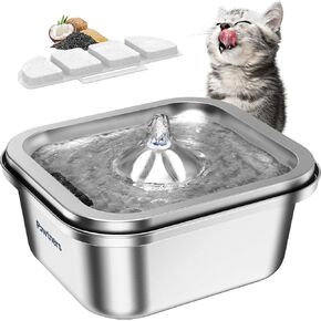 Cat Water Fountain Stainless Steel, 4L/135oz Pet Fountain, Automatic Dog Drinking Dispenser with Water Level Window, Filter, Quiet Pump, Silver