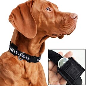 Airtag Dog Collar with Secure Internal Pocket, High-Visibility Reflective Strips, Premium Quality and Cozy Fit 14.5-19.5 inches Black