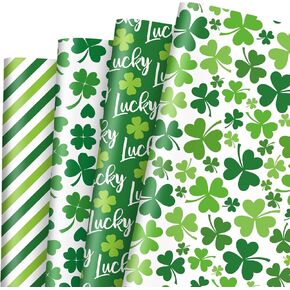 JarThenaAMCS 12Sheets St. Patrick's Day Wrapping Paper -Not Roll- Green Shamrock Stripe Gift Wrap Paper Lucky Clover Folded Flat DIY Art Craft Paper for Irish Party Spring Summer Packaging, 20 x 28 In
