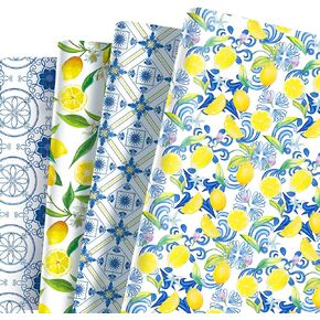 kawaarashi 12 Sheets Blue Tiles Lemon Wrapping Paper, 20x27in Blue Tiles Lemons Patterns Gift Wrap Paper for DIY Art Craft Paper Birthday Wedding Baby Shower Party Decor Gift Wrapping (Blue Lemon)