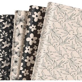 Vintage Floral Wrapping Paper 12 Sheets ,4 Types Gift Wrap Tissue Papers for Gift BagsGift Decoration Butterfly Flower Wrapping Paper for Women Girls Birthday Wedding Baby Shower DIY Crafts ,20x27 In