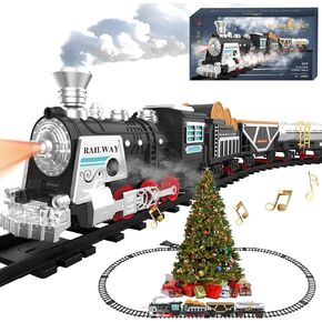 Electric Remote Control Train Set Christmas Trains Steam Locomotive, Cargo Car & Tracks, Rechargeable Train Toys for Kids w/3 Smoke,Whistle & Lights, Christmas Birthday Gift for Boys Girls 3 4 5 6 7