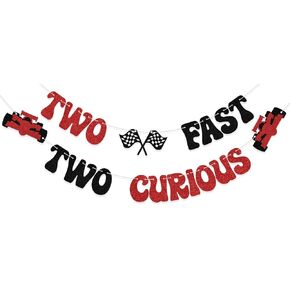 Two Fast Two Curious Banner, Boy 2nd Birthday Banner For Racing Second Birthday Party Decorations, Baby Shower Race Car 2nd Birthday Let’s Go Racing Party Supplies Black Red Glitter