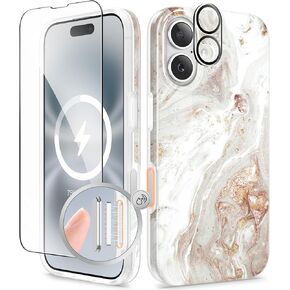 GVIEWIN for iPhone 16 Pro Max Case Compatible with MagSafe, with Screen & Lens Protectors, Military-Grade Protection Slim Marble Shockproof Magnetic Phone Case for 16 Pro Max 6.9", Pearlescent/Gold