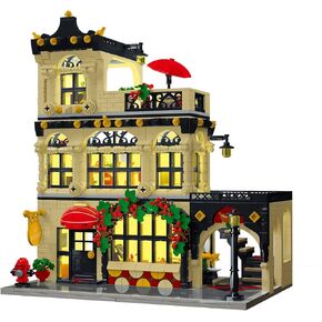 City Restaurant Architecture Building Kit with LED Lights,3 Levels City Restaurant Model Building Blocks Toy,for 12+Age Teen,Adult（1489 Pieces）