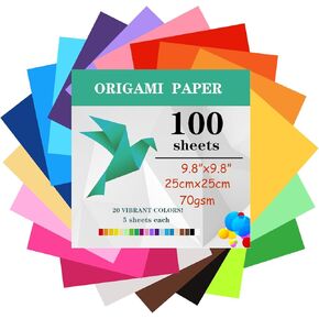 100 Sheets Origami Paper, 25x25 cm/10 Inch Origami Paper Double Sided(70gsm), 20 Colors Large Origami Paper Squares for Kids DIY School Arts Crafts Projects Children Adults