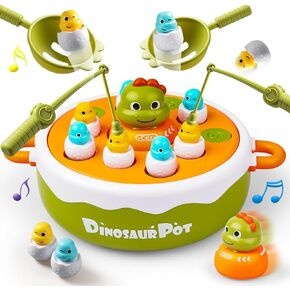 4-in-1 Dinosaur Pop Up Board Games for Toddlers, Magnetic Fishing Game Tic Tac Toe Bowling Toys, Rotate Music Dino Bounce and Catch Game, Family Games for Kids 3-5 4-8 Boy Girl