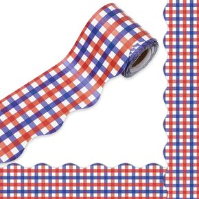 32.8Ft Buffalo Plaid Bulletin Board Border Red Blue Plaid Die Cut Trim Border Roll for 4th of July Classroom Chalkboard School Decor