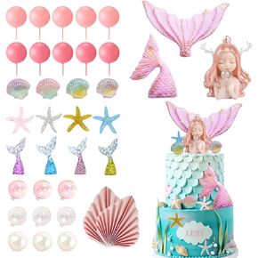 36 pcs mermaid cake topper mermaid tail shells sea Star Cake Decorations Under the Sea Cake Decorations for Mermaid theme decorations deprate ready (Pink)