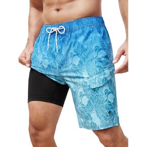 SILKWORLD Mens Swim Trunks with Compression Liner 9 Inch Bathing Suits Quick-Dry Swimmming Beach Shorts with Cargo Pockets in Kuwait