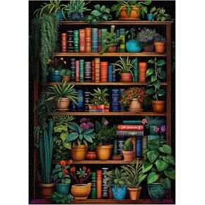 Vintage Bookshelf Puzzle for Adults 1000 Pieces, Book Houseplant Puzzle,Retro Bookshelf Botanical Puzzles Flower, Challenge Jigsaw Puzzle for Book Lover