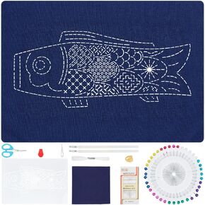 FREEBLOSS DIY Sashiko Placemats Kit Sashiko Embroidery Kit Carp Flag Pattern Placemats Hand Sewing Kit with Instructions Sashiko Kit for Beginners Practice
