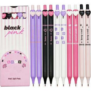 Maydahui 10 Pcs Colorful Heart Shaped Button Pens Retractable Cool Love Heart Gel Press Pens Black Ink For Girls Women Student Office Supplies Girl's Day Party Favor