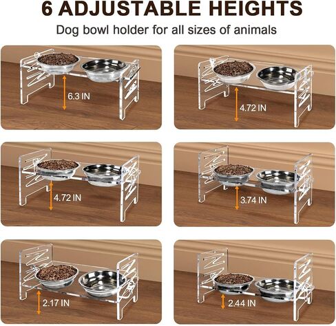 Acrylic Elevated Dog Bowls Stand 6 Height Options, Adjustable Raised Cats Bowls Stand with 2 Thick 18 oz Stainless Steel Bowls, Durable Dog Feeder Bowls for Small Dogs Cats Gift in Saudi Arabia