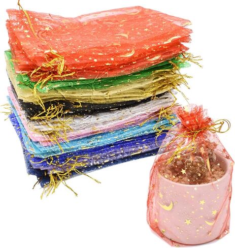HDST-HOME 100 Pcs Moon Star Organza Gift Bag Jewelry Bags with Drawstring Candy Pouch Lavender Favor Mesh Bags Wedding Christmas Party, 5x7 Inches (10 Color) in Kuwait