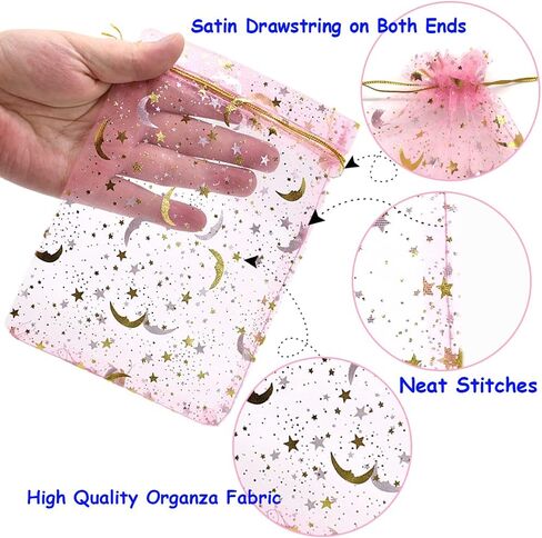HDST-HOME 100 Pcs Moon Star Organza Gift Bag Jewelry Bags with Drawstring Candy Pouch Lavender Favor Mesh Bags Wedding Christmas Party, 5x7 Inches (10 Color) in Kuwait