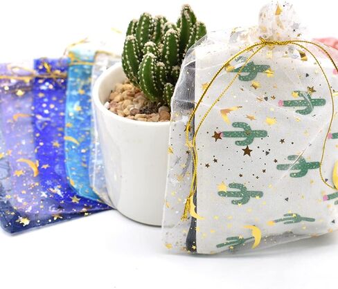 HDST-HOME 100 Pcs Moon Star Organza Gift Bag Jewelry Bags with Drawstring Candy Pouch Lavender Favor Mesh Bags Wedding Christmas Party, 5x7 Inches (10 Color) in Kuwait