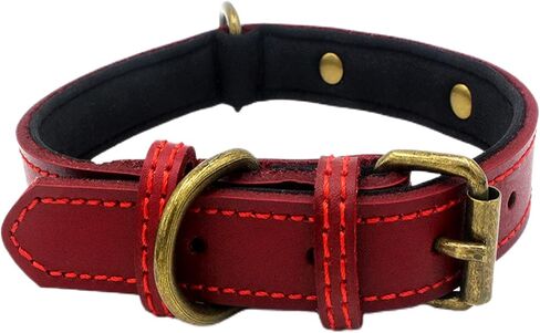 Thick Heavy duty Leather Dog Collar with Soft Padded Bronze Metal Buckle Red Adjustable Dog Collars for Boy Girl Small Medium Large Male Female Dogs in Saudi Arabia