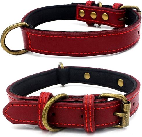 Thick Heavy duty Leather Dog Collar with Soft Padded Bronze Metal Buckle Red Adjustable Dog Collars for Boy Girl Small Medium Large Male Female Dogs in Saudi Arabia