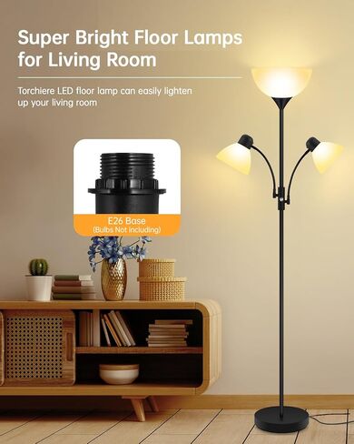 Floor Lamp Black, Standing Lamp, 71" Tall Lamps for Living Room, 3 Way Switch, Plastic Lampshade, Torchiere Floor Lamp with Reading Lamps, Modern Pole Lamps for Bedroom Kids Room E26 Base(No Bulb) in Saudi Arabia