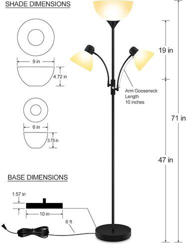 Floor Lamp Black, Standing Lamp, 71" Tall Lamps for Living Room, 3 Way Switch, Plastic Lampshade, Torchiere Floor Lamp with Reading Lamps, Modern Pole Lamps for Bedroom Kids Room E26 Base(No Bulb) in Saudi Arabia