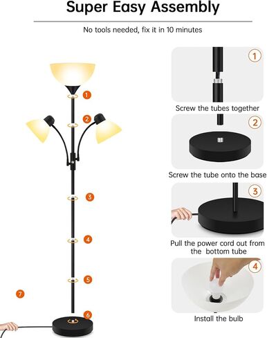 Floor Lamp Black, Standing Lamp, 71" Tall Lamps for Living Room, 3 Way Switch, Plastic Lampshade, Torchiere Floor Lamp with Reading Lamps, Modern Pole Lamps for Bedroom Kids Room E26 Base(No Bulb) in Saudi Arabia