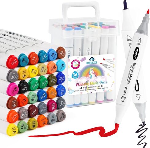 Lorvain Super Washable Markers for kids, 12 Colors Dual Tip Washable Markers Set, Fine & Broad Tip Markers, Coloring Markers for School, Kids Art Supplies with Carrying and Storage Case in Saudi Arabia