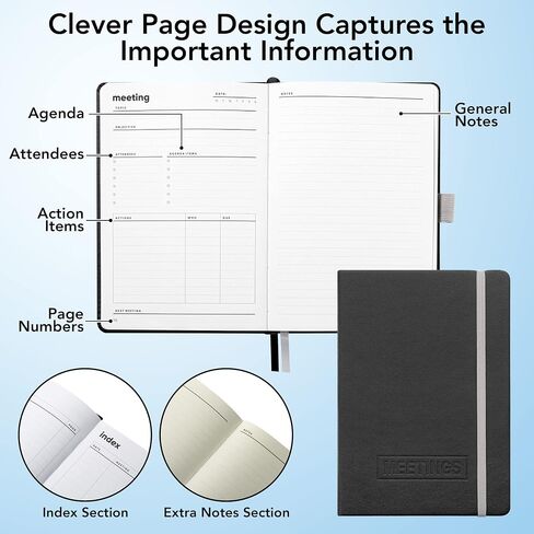 Meeting Notebook for Work - Professional Hardcover Meeting Planner - 2 Pages Per Meeting and Extra Meeting Notes Section, Index, 160 Pages, 100gsm Paper, Work Notebook, Project Planner in Saudi Arabia