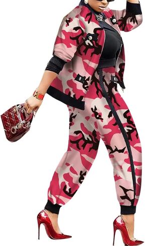 Sexyshine Women's Casual 2 Piece Camouflage Print Outfits Zip Up Long Sleeve Jacket Baggy Long Pants Work Set Tracksuit in Saudi Arabia