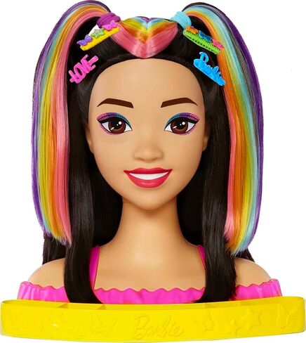 Barbie Totally Hair Styling Doll Head & 20+ Accessories, Color Reveal & Color-Change Pieces, Curly Brown Neon Rainbow Hair in Saudi Arabia