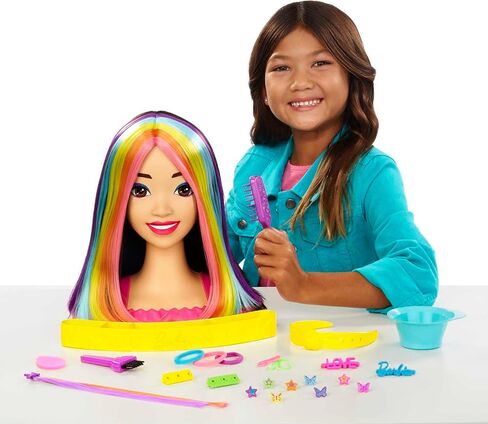 Barbie Totally Hair Styling Doll Head & 20+ Accessories, Color Reveal & Color-Change Pieces, Curly Brown Neon Rainbow Hair in Saudi Arabia