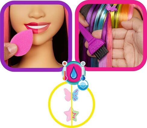 Barbie Totally Hair Styling Doll Head & 20+ Accessories, Color Reveal & Color-Change Pieces, Curly Brown Neon Rainbow Hair in Saudi Arabia