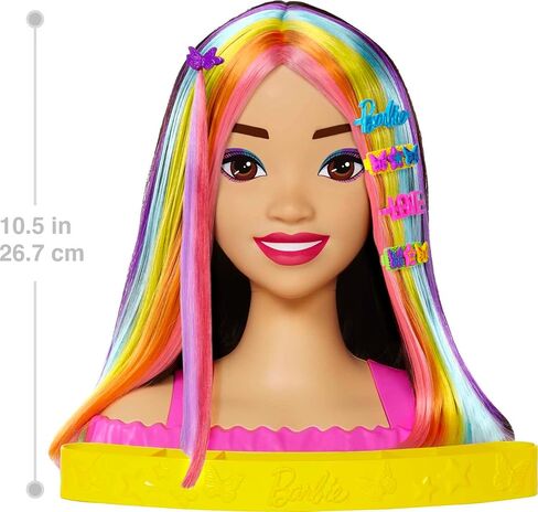 Barbie Totally Hair Styling Doll Head & 20+ Accessories, Color Reveal & Color-Change Pieces, Curly Brown Neon Rainbow Hair in Saudi Arabia