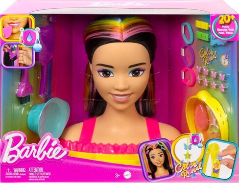 Barbie Totally Hair Styling Doll Head & 20+ Accessories, Color Reveal & Color-Change Pieces, Curly Brown Neon Rainbow Hair in Saudi Arabia