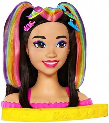 Barbie Totally Hair Styling Doll Head & 20+ Accessories, Color Reveal & Color-Change Pieces, Curly Brown Neon Rainbow Hair in Saudi Arabia