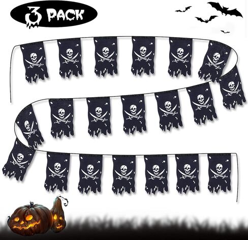 Tatuo 90 Feet Long Pirate Flag Banner Pirate Party Decoration Supplies Vertical Skull Bones Jolly Roger Crossbone Flag for Halloween Party Decor(Classic Style) in Kuwait