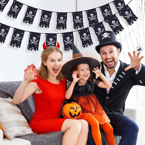 Tatuo 90 Feet Long Pirate Flag Banner Pirate Party Decoration Supplies Vertical Skull Bones Jolly Roger Crossbone Flag for Halloween Party Decor(Classic Style) in Kuwait