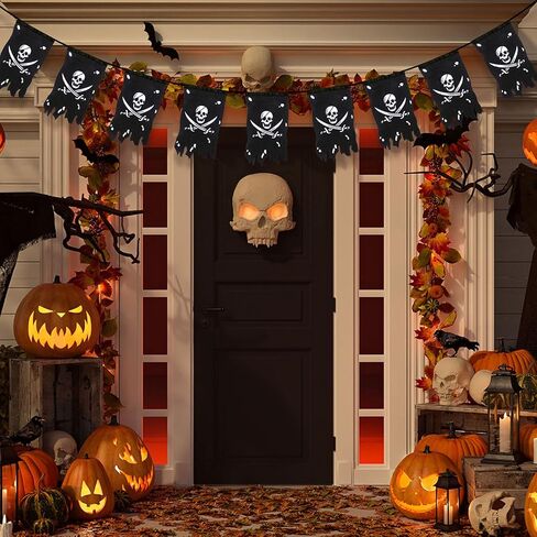 Tatuo 90 Feet Long Pirate Flag Banner Pirate Party Decoration Supplies Vertical Skull Bones Jolly Roger Crossbone Flag for Halloween Party Decor(Classic Style) in Kuwait